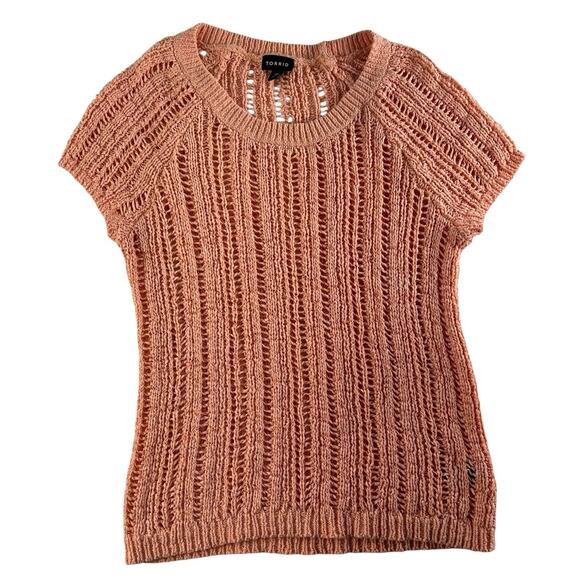 Torrid Sweater Size 00 Medium Large 10 Open Knit Stitch Dolman Peach Scoop Neck - Picture 2 of 13